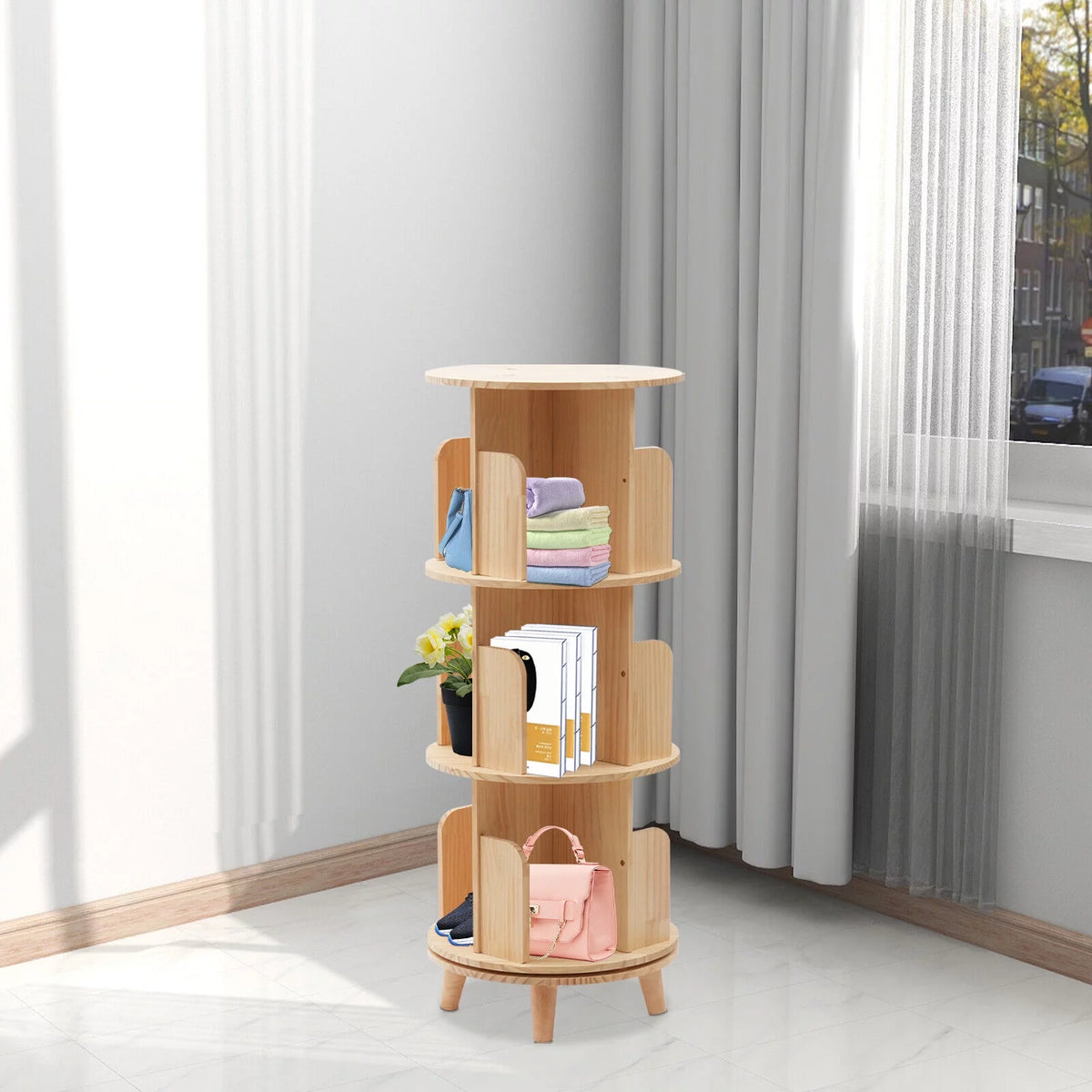 3 Tiered Rotating Wooden Bookshelf Storage Rack S52324
