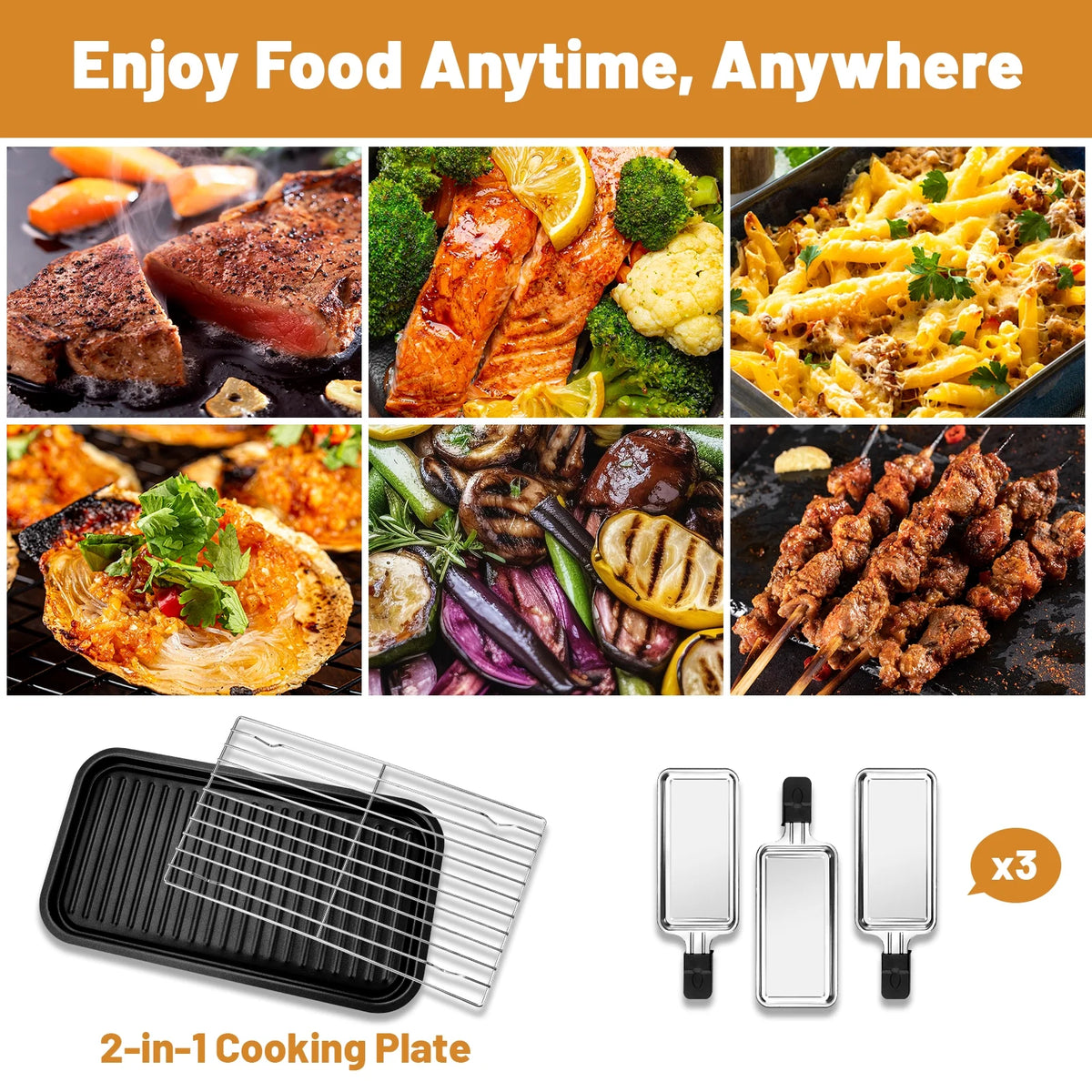 Non-Stick Portable Electric Indoor Grill with Removable Plate X8899