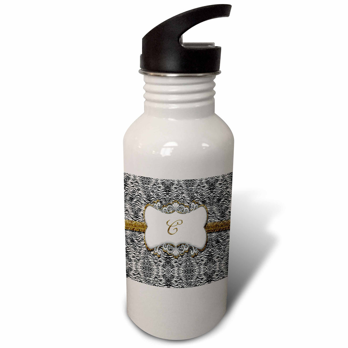 White Animal Print Gold Frame Monogram Letter C 21 oz Sports Water Bottle G4077