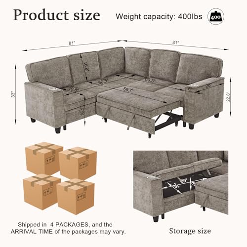 86 INCH L Shaped Convertible Sleeper Sectional Sofa Pull-Out Couch Bed T60992