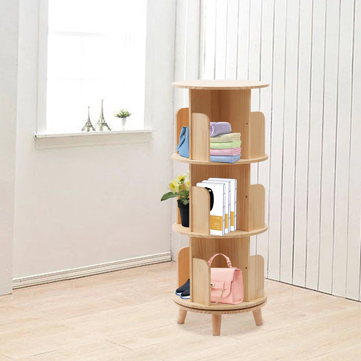 3 Tiered Rotating Wooden Bookshelf Storage Rack S52324