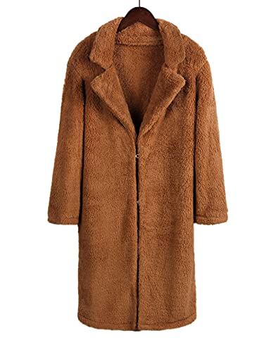 Womens Fuzzy Fleece Lapel Long Cardigan Faux Fur Warm Open Front Jackets Soft Sherpa Teddy Coat F44011