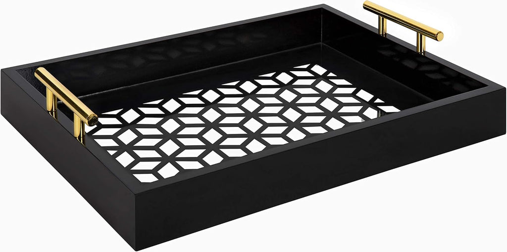 Navy Blue and Gold Rectangle Decorative Tray with Metal Handles U8661