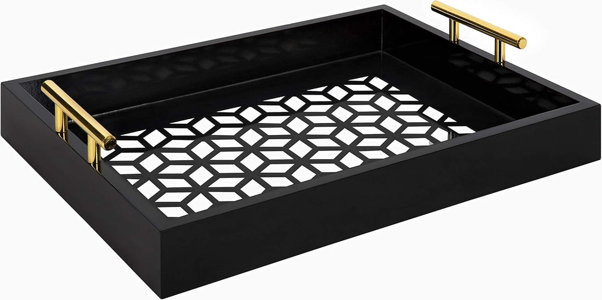 Navy Blue and Gold Rectangle Decorative Tray with Metal Handles U8661