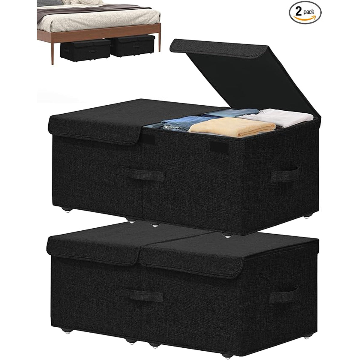 Black 2 Pack Under Bed Storage Container with Wheels and Lids X222