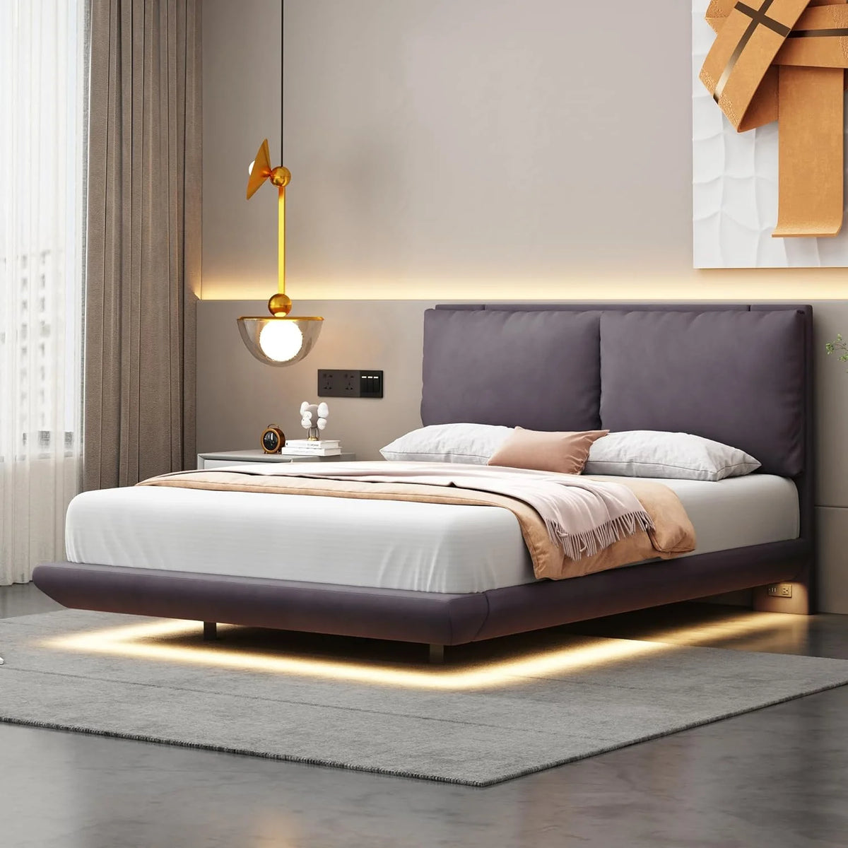 Gray Full Size Upholstered Platform Bed with USB Ports J57086