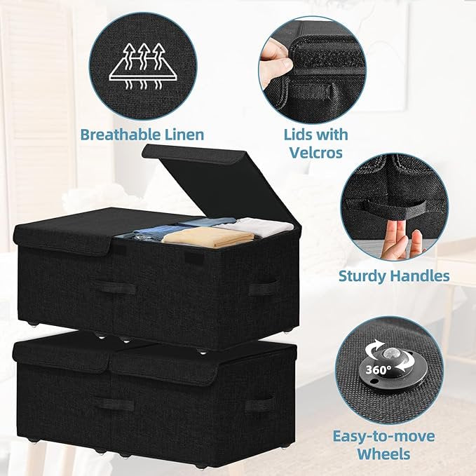Black 2 Pack Under Bed Storage Container with Wheels and Lids X222