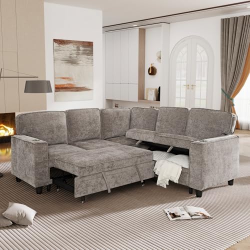 86 INCH L Shaped Convertible Sleeper Sectional Sofa Pull-Out Couch Bed T60992
