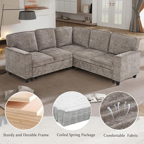 86 INCH L Shaped Convertible Sleeper Sectional Sofa Pull-Out Couch Bed T60992