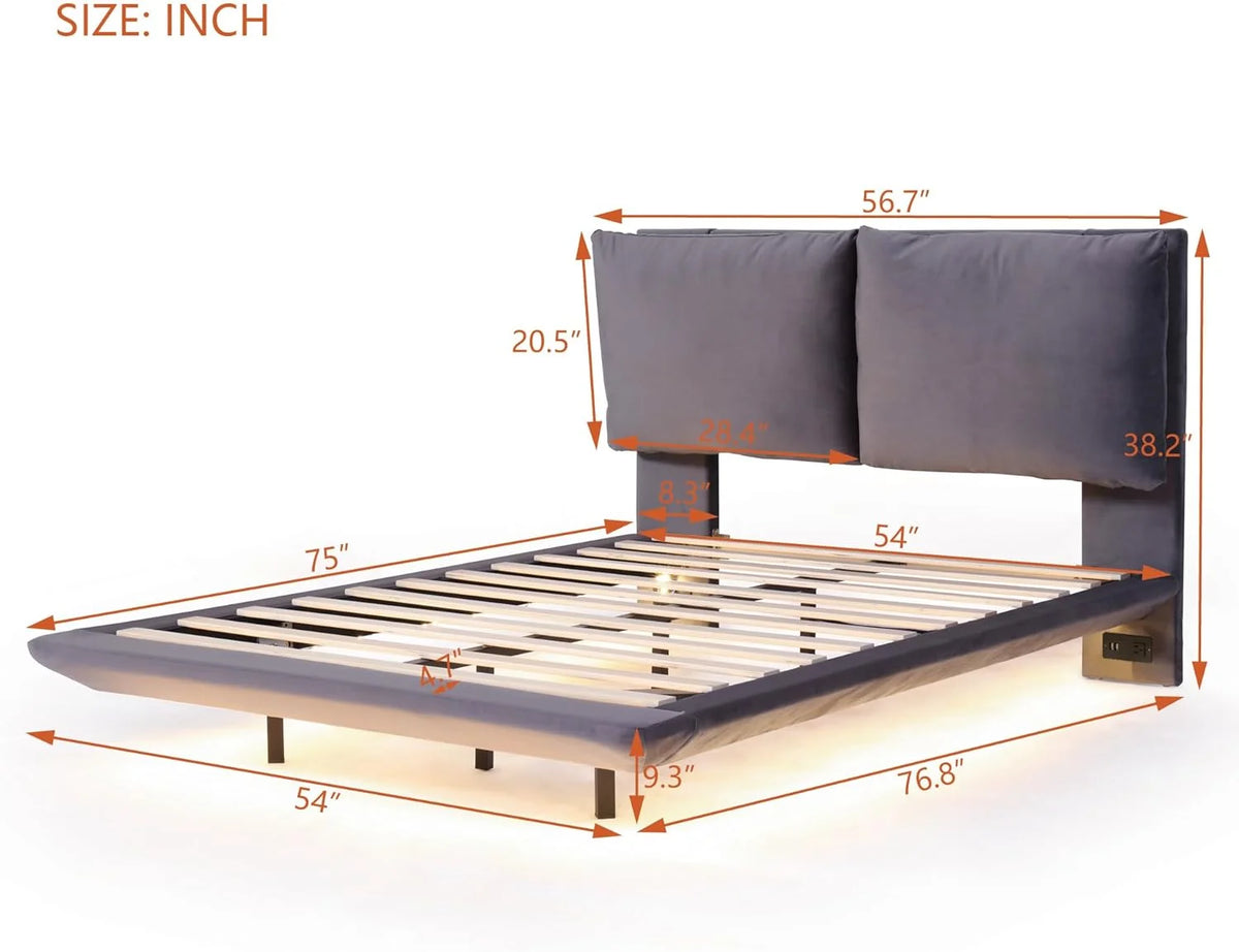 Gray Full Size Upholstered Platform Bed with USB Ports J57086