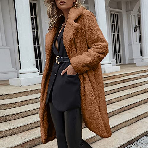Womens Fuzzy Fleece Lapel Long Cardigan Faux Fur Warm Open Front Jackets Soft Sherpa Teddy Coat F44011