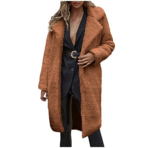 Womens Fuzzy Fleece Lapel Long Cardigan Faux Fur Warm Open Front Jackets Soft Sherpa Teddy Coat F44011
