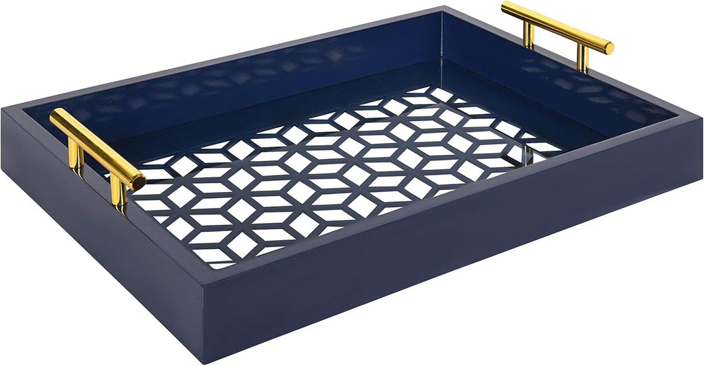 Navy Blue and Gold Rectangle Decorative Tray with Metal Handles U8661