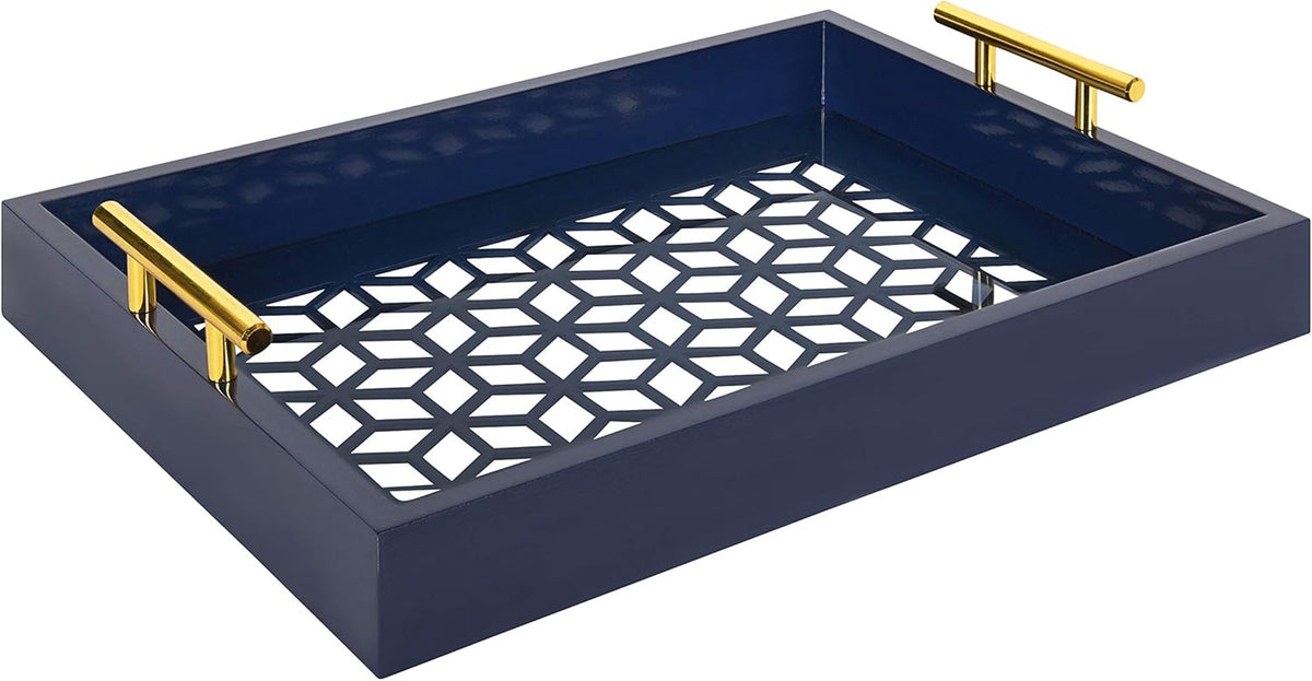 Navy Blue and Gold Rectangle Decorative Tray with Metal Handles U8661