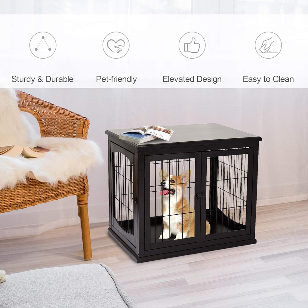 26'' Wooden Dog Cage Pet Crate Kennel with Double Door, Dark Brown D58910