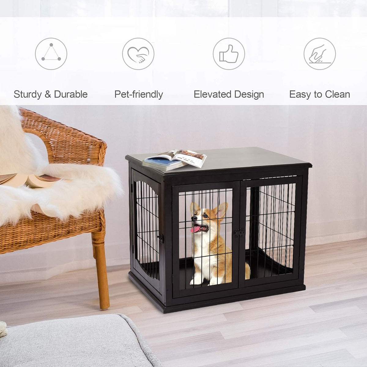 26'' Wooden Dog Cage Pet Crate Kennel with Double Door, Dark Brown D58910