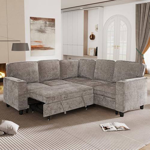 86 INCH L Shaped Convertible Sleeper Sectional Sofa Pull-Out Couch Bed T60992