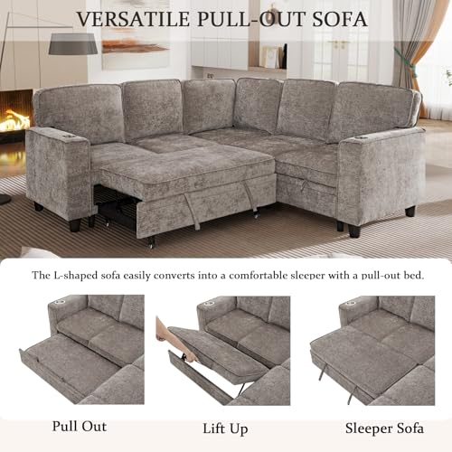 86 INCH L Shaped Convertible Sleeper Sectional Sofa Pull-Out Couch Bed T60992