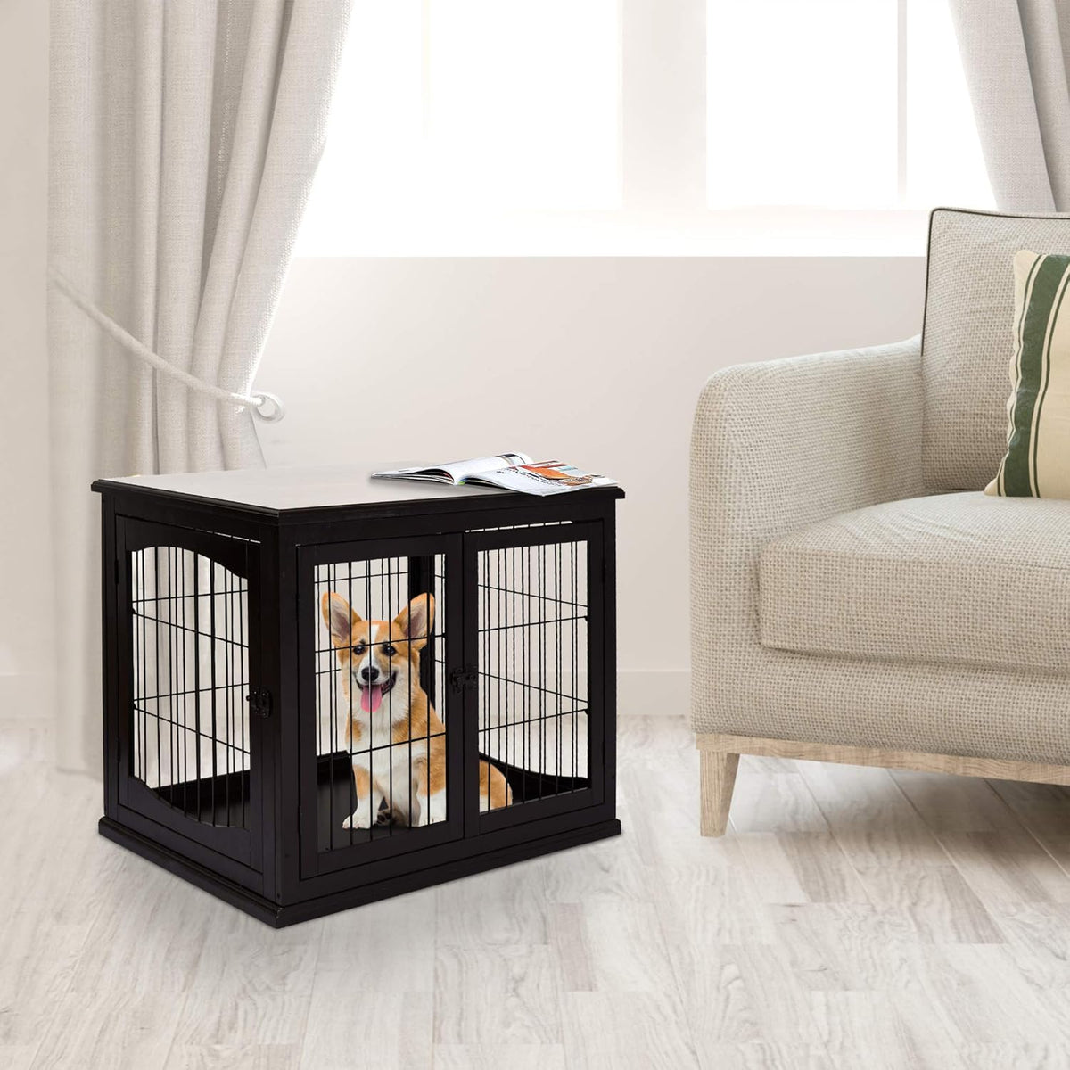 26'' Wooden Dog Cage Pet Crate Kennel with Double Door, Dark Brown D58910