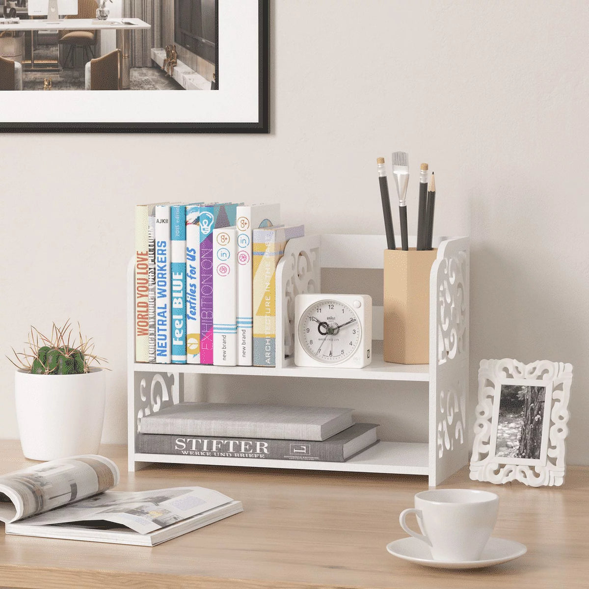 Small Desktop Organizer Bookshelf Storage Rack Wood Display Shelf A812577