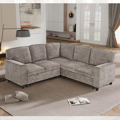 86 INCH L Shaped Convertible Sleeper Sectional Sofa Pull-Out Couch Bed T60992