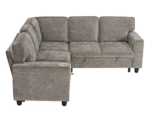 86 INCH L Shaped Convertible Sleeper Sectional Sofa Pull-Out Couch Bed T60992