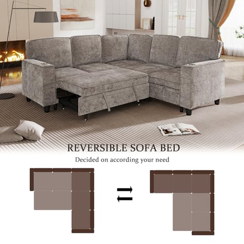 86 INCH L Shaped Convertible Sleeper Sectional Sofa Pull-Out Couch Bed T60992