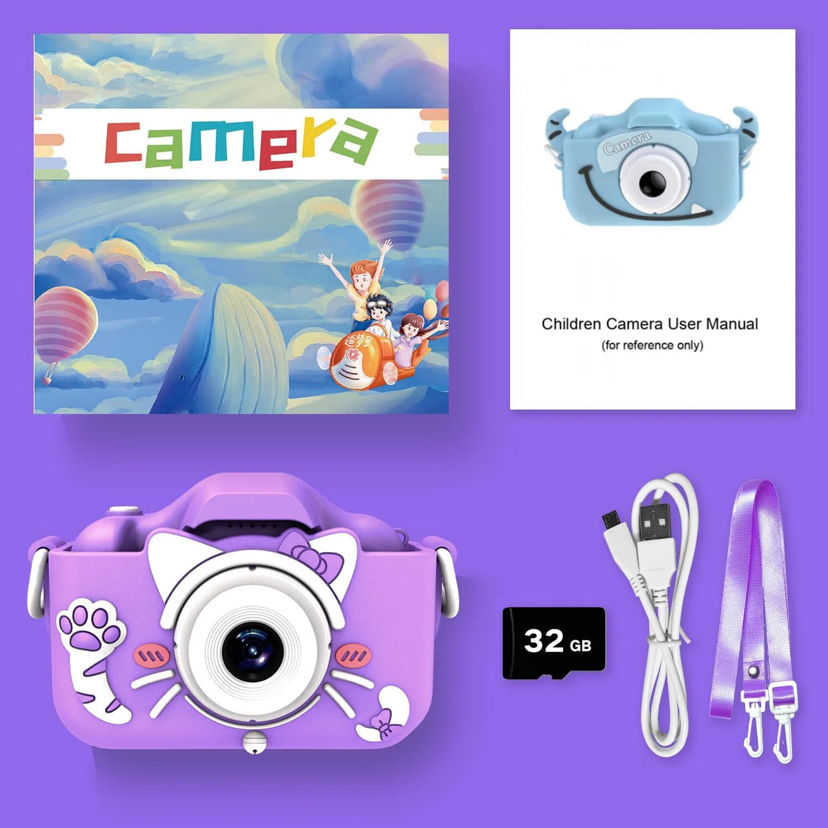Kids Camera with Cartoon Soft Silicone Cover, 32G SD Card Included I3758